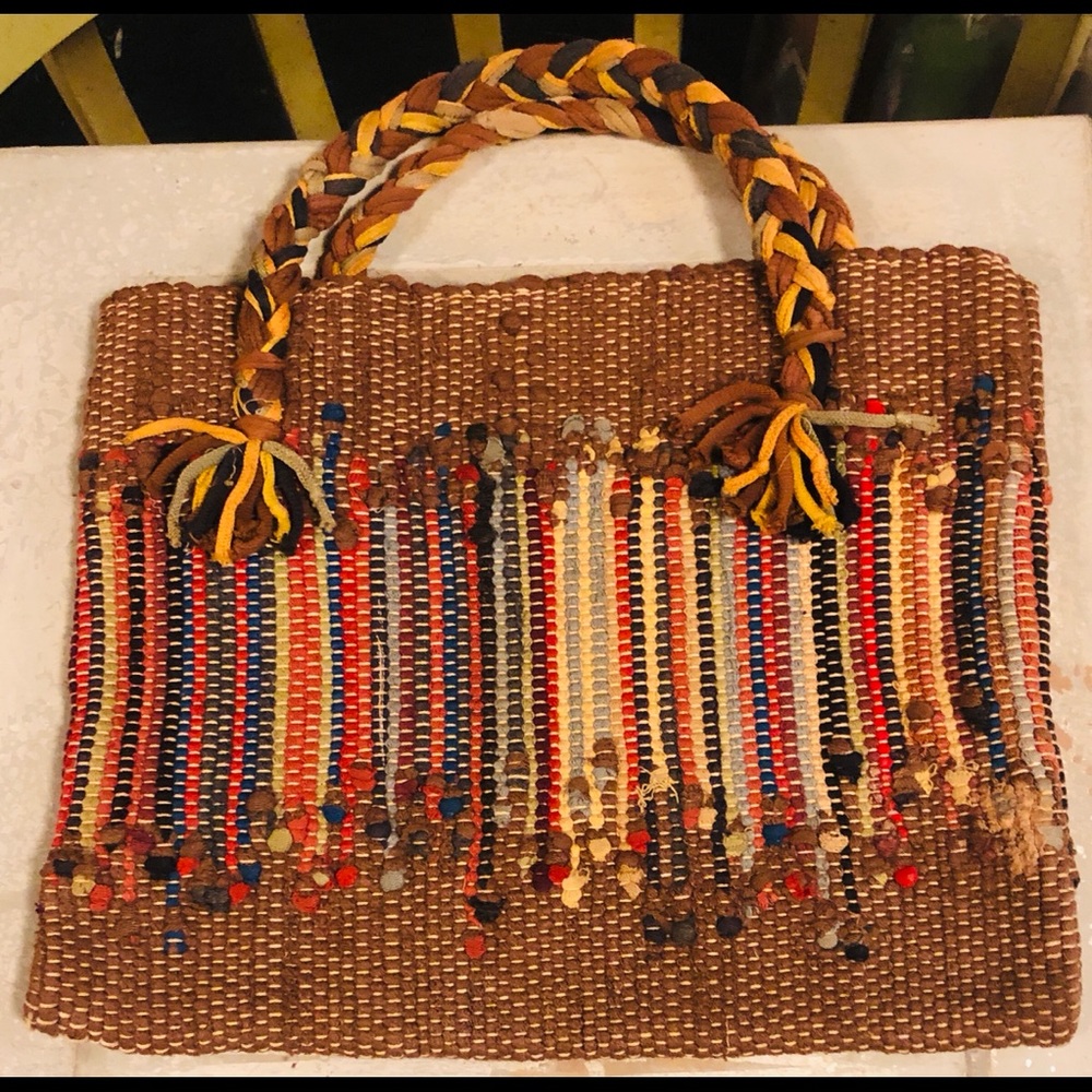 Cotton multicolored woven satchel with braided handles